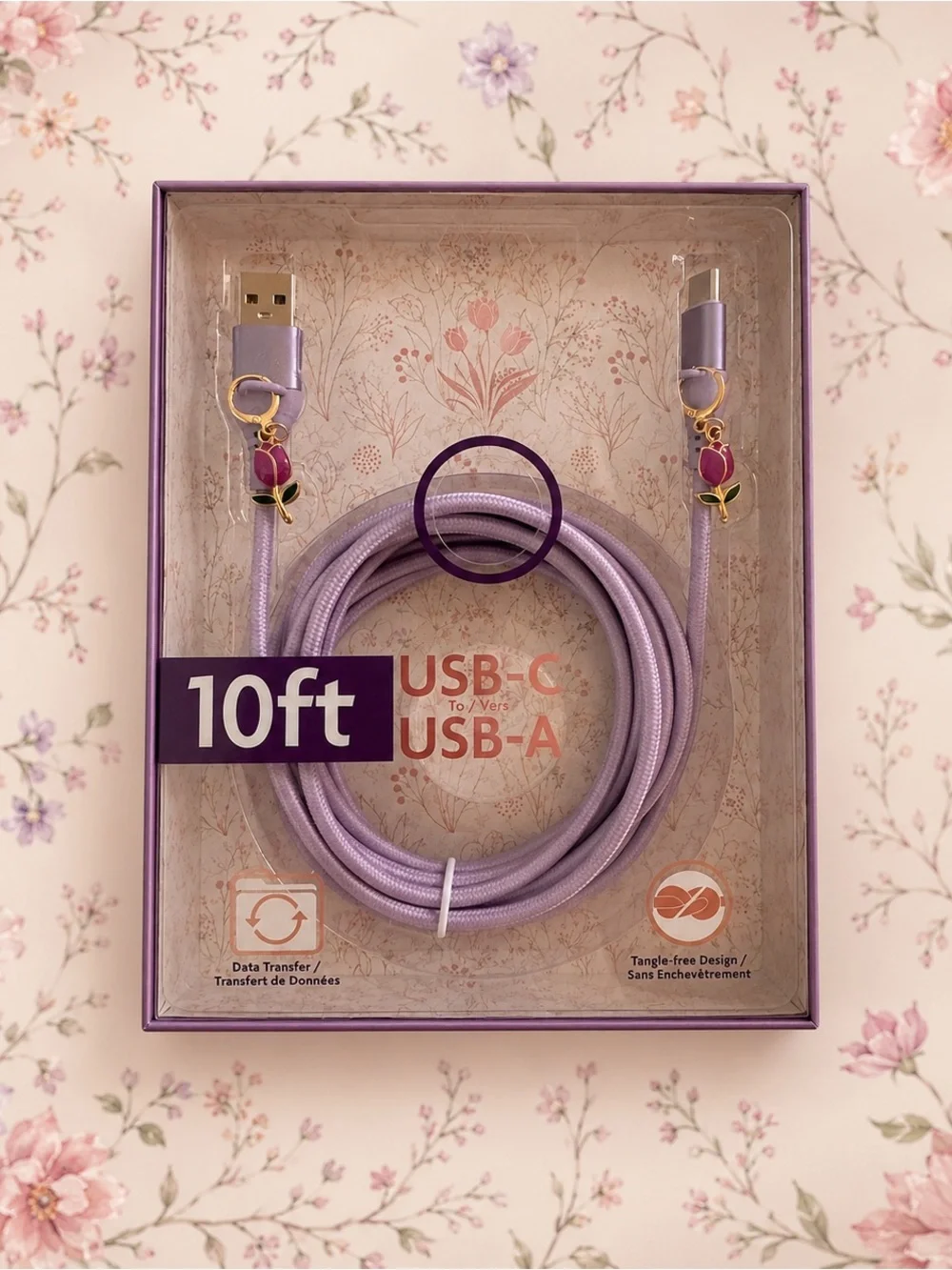 10ft USB-C to USB-A Braided Cable in Lavender w/pink rose charms